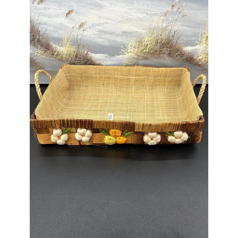 Vintage F. Johnson Handmade Woven Tray Philippines Straw Flower Basket 12.5in